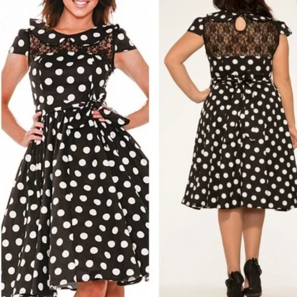 Hearts & Roses London Black White Polka Dot Lace Cap Sleeve Swing Dress EUC 14 - Picture 1 of 7